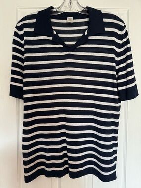 ELEVENTY Linen & Cotton Knitted Polo Shirt in Navy and White Stripes Large NWOT